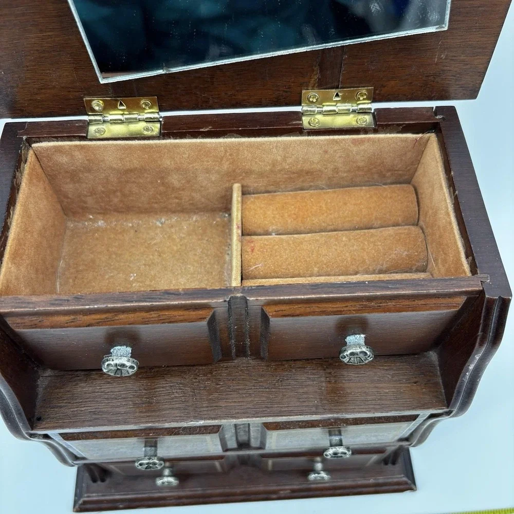 Vintage Brown Wooden Jewelry Box‎ With Drawers And Mirror